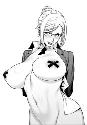  10s 1girl absurdres areola_slip arms_behind_back blush breasts breasts_apart cross_pasties glasses greyscale hair_bun head_tilt highres large_breasts lipstick makeup monochrome motchie naughty_face neck_ribbon no_bra open_clothes open_shirt out-of-frame_censoring pasties prison_school puffy_areolae puffy_nipples ribbon sagging_breasts shiraki_meiko shirt short_hair sidelocks simple_background single_hair_bun solo swept_bangs tape tape_on_nipples upper_body white_background  rating:Questionable score:100 user:danbooru