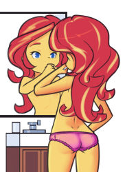 1girl ass blonde_hair blue_eyes colored_skin covering_own_mouth drantyno faucet from_behind hasbro highres loli long_hair mirror multicolored_hair my_little_pony my_little_pony:_equestria_girls my_little_pony:_friendship_is_magic nipples orange_skin panties pink_panties red_hair reflection sink standing streaked_hair sunset_shimmer topless two-tone_hair underwear rating:Questionable score:10 user:cpee