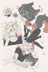  ... 2boys ? ?? aak_(arknights) arknights beckoning bed black_pants black_shirt blush cat_boy collarbone colored_sclera dog_boy fangs furry furry_male hair_over_one_eye hat highres horns hung_(arknights) multiple_boys ok_sign pants pillow shirt short_hair single_horn slit_pupils spoken_ellipsis spoken_object spoken_question_mark under_covers uochandayo white_hat yaoi yellow_sclera 