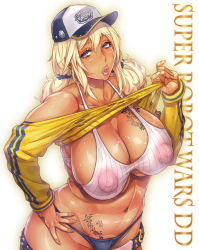  1girl baseball_cap bra breasts cleavage clothes_lift curvy dark-skinned_female dark_skin hand_on_own_hip hat highres huge_breasts large_breasts lifting_own_clothes lips looking_at_viewer low_twintails momofuki_rio nipples panties pink_eyes pubic_tattoo rinalia_kuo see-through shiny_skin shirt_lift sideboob simple_background skindentation solo super_robot_wars super_robot_wars_dd sweater sweater_lift tattoo thong twintails underboob underwear white_background wide_hips  rating:Questionable score:124 user:Marcerner