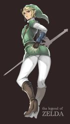  1boy androgynous ass ass_focus bad_anatomy bad_id bad_pixiv_id belt blonde_hair blue_eyes boots brown_background copyright_name english_text fingerless_gloves full_body gloves hat highres legs link looking_back male_focus nintendo open_mouth parted_lips pointy_ears simple_background solo sword the_legend_of_zelda wadani_hitonori weapon  rating:Sensitive score:103 user:BlueBaroness