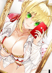  1girl absurdres ahoge apple_inc. bed bent_over blonde_hair blush braid breasts cellphone cle_masahiro cleavage collarbone fate_(series) fingernails french_braid green_eyes hair_ribbon highres indoors iphone large_breasts lingerie long_sleeves mirror nero_claudius_(fate) nero_claudius_(fate)_(all) non-web_source open_clothes open_mouth open_shirt petals phone red_ribbon reflection ribbon rose_petals selfie shirt smartphone solo underwear white_shirt  rating:Questionable score:52 user:danbooru