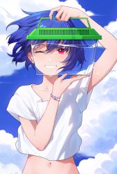  1girl ;d blue_hair blue_sky bracelet bug_box cloud collarbone day grin highres holding jewelry looking_at_viewer midriff navel one_eye_closed open_mouth original outdoors parted_lips red_eyes reiji-rj shirt short_hair short_sleeves sky smile upper_body water white_shirt  rating:Sensitive score:5 user:danbooru