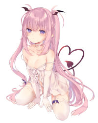 1girl bare_shoulders bat_wings blush demon_girl demon_tail elbow_gloves female_focus flat_chest full_body gloves heart heart_tail highres kedama_milk kneeling loli long_hair looking_at_viewer original pink_hair simple_background solo tail thighhighs very_long_hair white_gloves white_thighhighs wings rating:Questionable score:99 user:justthistime