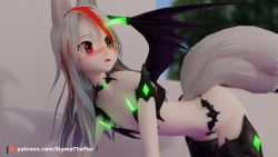  1girl 3d animal_ears blush breasts collar crawling fang fox_ears fox_girl fox_tail heterochromia highres looking_over_shoulder open_mouth original patreon petite self-upload sigmathefox small_breasts solo tail thighhighs white_hair wings 