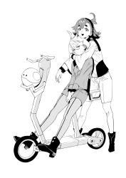  2girls ahoge asticassia_school_uniform boots closed_mouth frown full_body greyscale gundam gundam_suisei_no_majo hair_between_eyes hairband highres hug hug_from_behind jacket long_hair long_sleeves miorine_rembran monochrome motor_vehicle multiple_girls open_mouth pantyhose ryuko_azuma school_uniform scooter short_hair shorts shoulder_boards simple_background smile suletta_mercury thick_eyebrows white_background 