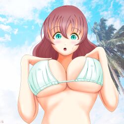  1girl alternate_hairstyle bikini breasts brown_hair cleavage cloud covered_erect_nipples emma_verde green_eyes highres huge_breasts long_hair looking_at_viewer love_live! love_live!_nijigasaki_high_school_idol_club open_mouth outdoors palm_tree signature sky solo sweatdrop swimsuit tree upper_body zero_mozzarella 