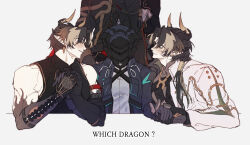  1girl 3boys absurdres arknights armlet armor black_coat black_gloves black_hair blush brown_hair chinese_clothes chong_yue_(alighting)_(arknights) chong_yue_(arknights) coat collared_jacket colored_extremities commentary_request doctor_(arknights) dragon_boy dragon_horns ear_covers earrings english_text female_doctor_(arknights) fingerless_gloves gloves gradient_hair grin hair_over_shoulder hand_up hands_up hetero high_collar highres holding_hands hood hood_up hooded_coat horns jacket jewelry korean_commentary long_hair long_sleeves looking_at_another low_ponytail mask multicolored_hair multiple_boys multiple_persona open_clothes open_coat out_of_frame pauldrons pointy_ears red_eyes rerebrace shaking_head shoulder_armor simple_background single_pauldron sleeveless smile standing streaked_hair table the_weaker_sex_1_(gibson) toned toned_male walhee221 white_background white_jacket yellow_eyes 