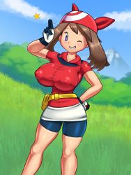 1girl alternate_breast_size bandana bike_shorts blue_eyes blue_shorts breasts brown_hair covered_erect_nipples creatures_(company) curvy fanny_pack game_freak gloves highres holding holding_poke_ball large_breasts looking_at_viewer may_(pokemon) nintendo one_eye_closed outdoors pants poke_ball poke_ball_(basic) pokemon pokemon_rse red_bandana red_headwear red_shirt shiny_clothes shiny_skin shirt short_sleeves shorts sleepiitreat smile solo spandex teeth thick_thighs thighs tight_clothes tight_pants tight_shirt wink rating:Questionable score:46 user:Vardigiil