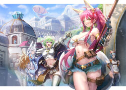  :3 aircraft alty_(ragnarok_online) animal_ears apron armor axe back_bow bell belt belt_buckle bikini bikini_top_only black_belt black_thighhighs blue_dress blue_gloves blue_shorts blue_sky blush boobplate bow breastplate breasts brown_belt brown_cape brown_dress brown_skirt buckle building bun_cover cape cleavage clipboard cloud commentary cowboy_shot cross day dirigible double_bun dress elbow_gloves english_commentary fingerless_gloves fox_ears foxglove gauntlets gloves green_hair grin hair_bell hair_bun hair_ornament hair_ribbon heart heart_hair_ornament high_ponytail high_priest_(ragnarok_online) holding holding_axe holding_clipboard jingle_bell juliet_sleeves kafra_uniform large_breasts leg_armor long_hair long_sleeves looking_at_viewer maid_headdress medium_bangs metaling midriff navel outdoors paladin_(ragnarok_online) pauldrons pink_eyes pink_hair pouch puffy_sleeves ragnarok_online red_ribbon ribbon sanonoreku_rlo short_hair short_shorts shorts shoulder_armor skirt sky slime_(creature) smile star_(symbol) swimsuit thighhighs torn_clothes torn_shorts underboob vambraces waist_cape white_apron white_bikini white_bow white_hair whitesmith_(ragnarok_online) yellow_eyes 