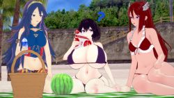  3d beach breast_envy breasts cordelia_(fire_emblem) fire_emblem fire_emblem_awakening highres huge_breasts large_breasts looking_at_viewer lucina lucina_(fire_emblem) morgan_(female)_(fire_emblem) morgan_(fire_emblem) nintendo pov small_breasts tagme 