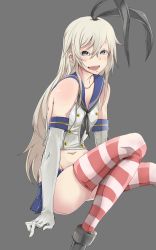 10s 1girl bad_id bad_pixiv_id blonde_hair blue_eyes breasts colored_eyelashes elbow_gloves gloves grey_background hair_between_eyes highres kantai_collection kiyomasa_f long_hair looking_at_viewer navel shimakaze_(kancolle) simple_background sitting small_breasts solo striped_clothes striped_thighhighs thighhighs white_gloves