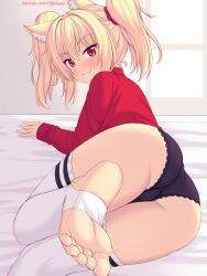  1girl animal_ears ass black_panties blonde_hair blush cat_ears cat_girl closed_mouth commentary english_commentary feet foot_focus foot_out_of_frame highres long_sleeves looking_at_viewer lying no_shoes nottytiffy on_side original panties patreon_username red_eyes red_shirt shirt slit_pupils smile soles solo thighhighs thighs tiffy_(nottytiffy) toenails toes twintails underwear white_thighhighs 