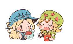  2boys arm_warmers blonde_hair blush_stickers burger chibi closed_eyes cropped_torso eating elbow_pads food french_fries gyro_zeppeli hat hitofutarai holding holding_food johnny_joestar jojo_no_kimyou_na_bouken long_hair looking_at_viewer male_focus multiple_boys open_mouth smile solid_oval_eyes steel_ball_run tongue tongue_out 