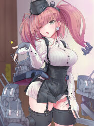  1girl adapted_turret atlanta_(kancolle) black_hat black_skirt blowing_kiss blush bra_visible_through_clothes breasts brown_hair cannon dress_shirt earrings em_s garrison_cap gloves grey_eyes hair_ornament hat high-waist_skirt highres indoors jewelry kantai_collection large_breasts long_hair long_sleeves machinery rigging shirt single_earring skirt smokestack solo star_(symbol) star_earrings suspender_skirt suspenders turret two_side_up white_shirt 