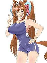  1girl animal_ears bare_shoulders blue_one-piece_swimsuit breasts brown_hair cleavage clothing_cutout competition_school_swimsuit cowboy_shot daiwa_scarlet_(umamusume) fang hair_between_eyes hair_intakes highres horse_ears horse_girl index_finger_raised kagemusha large_breasts long_hair looking_at_viewer one-piece_swimsuit red_eyes school_swimsuit simple_background single_vertical_stripe solo swimsuit tail tail_through_clothes thighs tiara tracen_swimsuit twintails umamusume very_long_hair white_background 