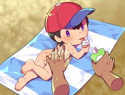  2boys :p ass b_(kana0816) barefoot black_hair blue_eyes commission dark_skin disembodied_hand dutch_angle feet food full_body hat ice_cream licking looking_at_viewer lying mother_(game) mother_2 multiple_boys ness_(mother_2) nintendo nude oil on_stomach red_headwear shiny_skin short_hair shota soles solo_focus testicles toes tongue tongue_out yaoi  rating:Questionable score:50 user:Domestic_Importer