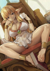  bare_legs barefoot blonde_hair book bracelet breasts brown_eyes chair cleavage collarbone commission covered_erect_nipples cup dress elf feet frilled_dress frills gold_bracelet hand_on_own_cheek hand_on_own_face highres holding holding_book holding_cup indoors jewelry large_breasts long_hair looking_at_viewer pixiv_commission pointy_ears serie_(sousou_no_frieren) sitting sousou_no_frieren spread_legs steam tamada_heijun teacup thighs toes  rating:Questionable score:16 user:danbooru