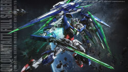 00_qan[t] 00_qan[t]_full_saber absurdres asteroid character_name earth_(planet) exhaust flying glowing glowing_eyes green_eyes gundam gundam_00 gundam_00_a_wakening_of_the_trailblazer highres holding holding_sword holding_weapon in_orbit legs_apart lolicon_(lolicon42051636) mecha mobile_suit no_humans photoshop_(medium) planet robot science_fiction shield solo space space_station spacecraft sword v-fin weapon 