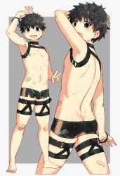  1boy absurdres armpits ass back bandaid bandaid_on_stomach bandaid_on_thigh barefoot black_hair blue_eyes blush border bulge butt_crack cropped_legs feet from_behind highres male_focus micro_shorts navel nipples open_mouth original outside_border short_hair shorts shota signature solo standing v white_border zutaboro  rating:Questionable score:78 user:ponekad