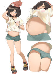  1girl ;o arms_up bag bare_legs beanie black_hair blue_eyes blush bra bra_peek breasts character_sheet close-up closed_eyes creatures_(company) duffel_bag floral_print from_below from_side full_body game_freak green_shorts hand_in_own_hair hat kaisen_chuui legs loli medium_breasts midriff multiple_views navel nintendo one_eye_closed open_mouth panties panty_peek pokemon pokemon_sm pregnant red_headwear selene_(pokemon) shirt shoes short_hair short_shorts short_sleeves shorts simple_background sneakers standing stomach stretching t-shirt thighs third-party_edit tied_shirt underwear upshirt upshorts wavy_mouth white_background white_bra white_panties yawning z-ring  rating:Questionable score:261 user:aaa