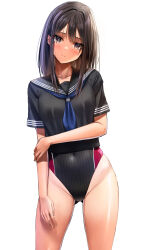  1girl absurdres black_hair black_one-piece_swimsuit black_sailor_collar black_shirt blue_neckerchief blush breasts closed_mouth commentary_request competition_swimsuit covered_navel cowboy_shot gluteal_fold groin highleg highleg_swimsuit highres holding_own_arm light_smile looking_at_viewer medium_breasts neckerchief one-piece_swimsuit original paid_reward_available red_one-piece_swimsuit sailor_collar school_uniform shirt short_sleeves simple_background skindentation solo standing swimsuit swimsuit_under_clothes tan two-tone_swimsuit white_background yukemuriganmo 