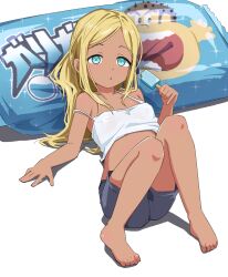  1girl :o bare_legs bare_shoulders barefoot black_shorts blonde_hair breasts camisole crop_top dark-skinned_female dark_skin food green_eyes highres holding holding_food holding_ice_cream ice_cream ice_cream_bar idolmaster idolmaster_cinderella_girls knees_up layla_(idolmaster) long_hair looking_at_viewer lying ohgi910 on_back parted_bangs shorts small_breasts solo strap_slip toes white_camisole 