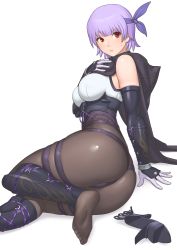 1girl arm_guards armor ass ayane_(doa) bare_shoulders black_pantyhose blush bodysuit breasts closed_mouth dead_or_alive dead_or_alive_6 elbow_gloves feet frown gloves highres hood hood_down medium_breasts ninja pantyhose purple_hair red_eyes shigenobu unworn_shoe shoes unworn_shoes sitting soles solo sweat thigh_strap toes white_background rating:Questionable score:58 user:danbooru