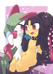  berry_(pokemon) blush choker colored_skin creatures_(company) eating extra_mouth fangs food game_freak gen_3_pokemon green_hair hair_over_one_eye hand_on_another&#039;s_thigh highres holding holding_food horns ino_(tellu0120) kirlia long_tongue mawile multicolored_skin nintendo open_mouth oran_berry pecha_berry pink_eyes pokemon pokemon_(creature) sidelocks sitting spiked_choker spikes tongue tongue_out two-tone_skin very_long_tongue white_skin yellow_skin 