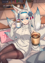 1girl animal_ear_fluff animal_ears black_pantyhose blue_eyes braid breasts clover_theater coffee cup dress fox_ears fox_girl fox_tail hairband heart highres holding holding_cup indoors katsuya_(clover_theater) large_breasts long_hair looking_at_viewer multiple_tails nairobi_song on_bed open_mouth pantyhose pointy_ears ribbed_sweater sidelocks sitting smile solo steam sweater sweater_dress tail thighband_pantyhose twin_braids white_hair white_sweater white_tail yes yes-no_pillow