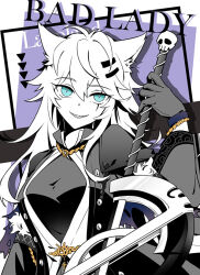 1girl animal_ear_fluff animal_ears antenna_hair aqua_eyes arknights border bracelet breasts buttons card card_background chain chain_around_neck chain_necklace character_name chinese_commentary cloak collared_jacket commentary cross dot_nose dress drop_shadow english_text fur-trimmed_jacket fur-trimmed_sleeves fur_trim gloves greyscale greyscale_with_colored_background hair_between_eyes hair_ornament hairclip holding holding_sword holding_weapon jacket jewelry lappland_(arknights) lappland_(refined_horrormare)_(arknights) latin_cross lavender_background layered_sleeves long_hair long_sleeves looking_at_viewer medium_breasts messy_hair monochrome necklace official_alternate_costume outside_border parted_lips scar scar_across_eye scar_on_face shadow sharp_teeth short_over_long_sleeves short-sleeved_jacket short_sleeves simple_background skull smile solo spot_color spotlight sword teeth upper_body weapon weibo_1834989465 wide_sleeves wolf_ears wolf_girl