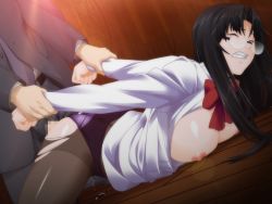  1girl black_hair breast_press breasts censored clenched_teeth doggystyle closed_eyes game_cg gentle_sasaki glasses large_breasts long_hair nipples no_bra open_clothes open_shirt panties pantyhose penis rape sex sex_from_behind shirt teeth torn_clothes torn_legwear underwear  rating:Explicit score:105 user:Ynyswydryn