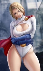 1girl belt blonde_hair blue_gloves breasts cape city cleavage cleavage_cutout clothing_cutout dc_comics flowerxl gloves head_tilt large_breasts leotard long_sleeves looking_at_viewer one_eye_covered open_clothes power_girl red_cape short_hair smile solo superman_(series) thick_thighs thighs watermark web_address white_leotard rating:Questionable score:61 user:danbooru