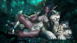  1girl 21yc_(september_breeze) arm_support armor armored_boots boots braid breasts breasts_apart cleavage colored_skin elf facial_mark flower forehead_mark forest green_hair grey_eyes highres huge_breasts knee_boots leaning leaning_to_the_side long_hair looking_at_viewer armored_boots nature night_elf_(warcraft) night_elf_(warcraft) no_panties pointy_ears ponytail purple_skin sitting tiger tree tyrande_whisperwind vambraces warcraft white_footwear white_tiger world_of_warcraft  rating:Sensitive score:63 user:danbooru