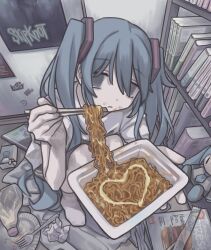  1girl absurdres aqua_eyes aqua_hair blank_eyes bookshelf character_doll chopsticks closed_mouth eating expressionless food full_body gudon_udon hair_between_eyes hair_ornament hatsune_miku heart highres holding holding_chopsticks indoors knees_up long_hair looking_at_viewer mayonnaise messy_room no_shoes noodles paper_plate plate poster_(object) shirt short_sleeves sitting socks solo t-shirt very_long_hair vocaloid white_shirt white_socks 