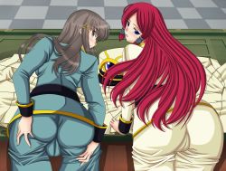  2girls alternate_color arc_system_works ass ass_grab atelier_(series) atelier_totori backboob blazblue blue_eyes blush breasts brown_eyes brown_hair cameltoe cape cecilia_helmold cosplay deep_skin female_focus from_behind hair_ornament hair_tubes hairpin hat highres huge_ass imai_asami leaning leaning_forward long_hair looking_at_viewer looking_back military military_uniform multiple_girls open_mouth pants parted_lips red_hair voice_actor_connection seraphina shadow tsubaki_yayoi tsubaki_yayoi_(cosplay) uniform very_long_hair 