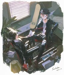  2boys absurdres ace_(playing_card) ace_of_spades bed bedroom black_choker black_footwear black_gloves black_hair black_hat black_jacket black_necktie black_pants black_suit blinders book bungou_stray_dogs card character_request chinese_commentary choker collarbone collared_jacket collared_shirt commentary_request computer cui_(jidanhaidaitang) dated formal full_body gloves hair_between_eyes handheld_game_console hat highres holding holding_book indoors jacket lamp lapels laptop layered_sleeves long_sleeves male_focus multiple_boys necktie notched_lapels open_book open_clothes open_jacket orange_hair pants paper pillow plant playing_card potted_plant reading shirt shoes short_hair signature sitting skateboard spade_(shape) suit white_shirt window 