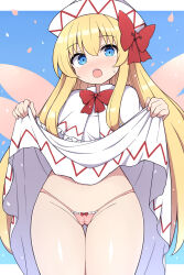  1girl blonde_hair blush bow bowtie cleft_of_venus clothes_lift commentary_request dress dress_lift gluteal_fold hat highres lifting_own_clothes lily_white loli long_hair looking_at_viewer open_mouth panties pink_panties red_bow red_bowtie rizento solo thighs touhou underwear white_dress white_hat wings  rating:Questionable score:52 user:danbooru