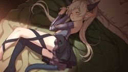  1girl black_horns black_thighhighs blonde_hair blvefo9 character_request closed_eyes horns isekai_maou_to_shoukan_shoujo_no_dorei_majutsu krebskulm long_hair lying on_side single_thighhigh sleeping solo tail thighhighs twintails 