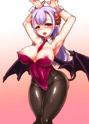  1girl armpits arms_behind_head arms_up blush breasts cleavage covered_erect_nipples curvy demon demon_girl fangs half-closed_eyes harigane_shinshi heart heart-shaped_pupils highres large_breasts leotard looking_at_viewer nipple_slip nipples open_mouth playboy_bunny pointy_ears purple_eyes purple_hair solo symbol-shaped_pupils wide_hips wings  rating:Questionable score:49 user:termt