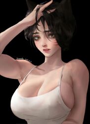  1girl adjusting_hair ahri_(league_of_legends) animal_ears artist_name black_background black_hair breasts brown_eyes camisole cleavage collarbone dated facial_mark fox_ears highres large_breasts league_of_legends parted_lips pink_lips sideboob simple_background solo toned_female whisker_markings white_camisole wutu_(1183238220) 