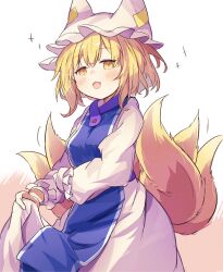  1girl ar_(maeus) blonde_hair blush commentary_request dress fangs fox_tail hat looking_at_viewer multiple_tails open_mouth short_hair simple_background solo tabard tail touhou white_background white_dress white_hat yakumo_ran yellow_eyes 