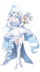  1girl :d absurdres ahoge alternate_costume bare_shoulders blue_eyes blue_flower blue_hair blush bouquet breasts commentary detached_sleeves dress flower full_body furina_(genshin_impact) genshin_impact hair_between_eyes hand_on_own_hip highres holding holding_bouquet jewelry long_hair long_sleeves looking_at_viewer muu_maa_muu open_mouth simple_background sleeveless sleeveless_dress small_breasts smile solo standing thighhighs tiara very_long_hair wedding_dress white_background white_dress white_thighhighs 
