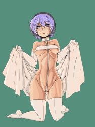 1girl blush breasts covered_erect_nipples cross_swimsuit crotch_strap doekuramori elbow_gloves gloves gluteal_fold headgear highres hip_bones kneeling looking_at_viewer martyr_(the_citadel) medium_breasts navel open_mouth original purple_eyes purple_hair revealing_clothes shiny_skin short_hair solo swimsuit the_citadel towel white_legwear 