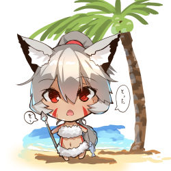 1girl animal_ear_fluff animal_ears bare_arms bare_shoulders beach blush chibi dark-skinned_female dark_skin day facial_mark fish fox_ears fox_girl fox_tail full_body grey_hair hair_between_eyes high_ponytail highres holding looking_at_viewer navel open_mouth original outdoors palm_tree polearm ponytail red_eyes sand solo spear standing tail tree water weapon white_background yuuji_(yukimimi) rating:Sensitive score:2 user:danbooru