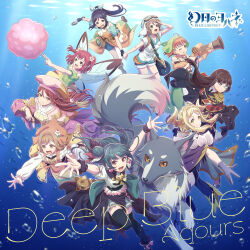  6+girls :d ;q absurdres air_bubble album_cover ankle_boots black_capelet black_corset black_overskirt black_thighhighs blouse blue_shorts boots brooch brown_flower brown_footwear bubble buttons cape capelet chika_(genjitsu_no_yohane) clothing_cutout coat commentary_request copyright_name corset cover demon_girl demon_horns dia_(genjitsu_no_yohane) dog double-breasted dress earrings fairy fairy_wings feather_hair_ornament feathers finger_on_trigger flower genjitsu_no_yohane green_dress grey_skirt group_name group_picture gun hair_bun hair_flower hair_ornament hanamaru_(genjitsu_no_yohane) hat heart heart_earrings highres holding holding_gun holding_weapon horns jacket jewelry kanan_(genjitsu_no_yohane) kunikida_hanamaru kurosawa_dia kurosawa_ruby lailaps_(genjitsu_no_yohane) long_sleeves love_live! love_live!_sunshine!! mari_(genjitsu_no_yohane) matsuura_kanan miniskirt multiple_girls off-shoulder_shirt off_shoulder official_art ohara_mari one_eye_closed open_clothes open_coat open_mouth orange_shirt overskirt pink_coat pink_hat pleated_skirt puffy_long_sleeves puffy_short_sleeves puffy_sleeves purple_cape riko_(genjitsu_no_yohane) ruby_(genjitsu_no_yohane) sakurauchi_riko shirt short_sleeves shorts shoulder_cutout sidelocks single_side_bun skirt smile song_name takami_chika thighhighs tongue tongue_out tsushima_yoshiko underwater watanabe_you weapon white_jacket white_shirt wings yohane_(genjitsu_no_yohane) you_(genjitsu_no_yohane) 
