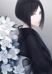  1girl black_hair black_kimono bob_cut commentary erise flower highres japanese_clothes kimono looking_at_viewer looking_back original short_hair simple_background solo upper_body 