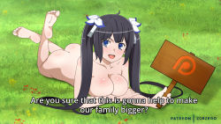 1girl ass barefoot black_hair blue_eyes breasts cleavage dungeon_ni_deai_wo_motomeru_no_wa_machigatteiru_darou_ka feet hestia_(danmachi) highres large_breasts long_hair looking_at_viewer lying nude on_stomach open_mouth outdoors patreon smile soles solo the_pose toes twintails rating:Questionable score:50 user:DoctorWasabi