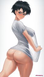  1girl artist_name ass black_hair blue_eyes blush bottomless breasts curvy dragonball_z highres huge_ass large_breasts looking_back naughty_face seductive_smile shirt short_hair short_sleeves silhouette simple_background smile solo superbusty thick_thighs thighs tomboy videl white_background white_shirt wide_hips  rating:Questionable score:220 user:JustHere4Butts