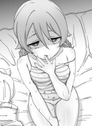  1girl bed female_focus finger_in_own_mouth heart heart-shaped_pupils hypnosis idolmaster idolmaster_cinderella_girls imminent_penetration loli looking_at_viewer midriff mind_control morikubo_nono panties saliva shiny_skin shirt solo striped_clothes striped_shirt sucking_finger sweat symbol-shaped_pupils underwear  rating:Questionable score:48 user:BulletClub